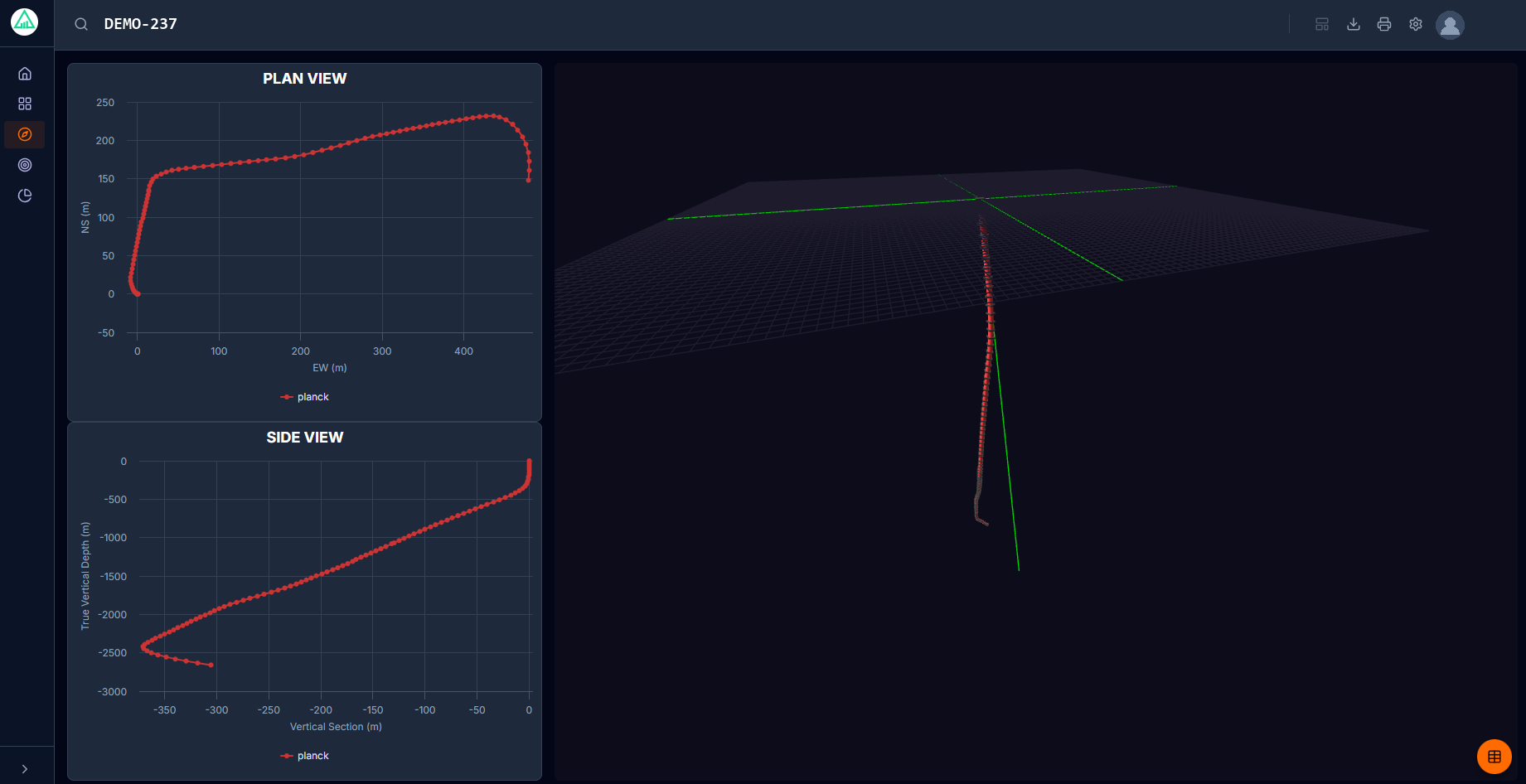 RigMiner directional view showing plan view, vertical section and a 3D wellbore trajectory.
